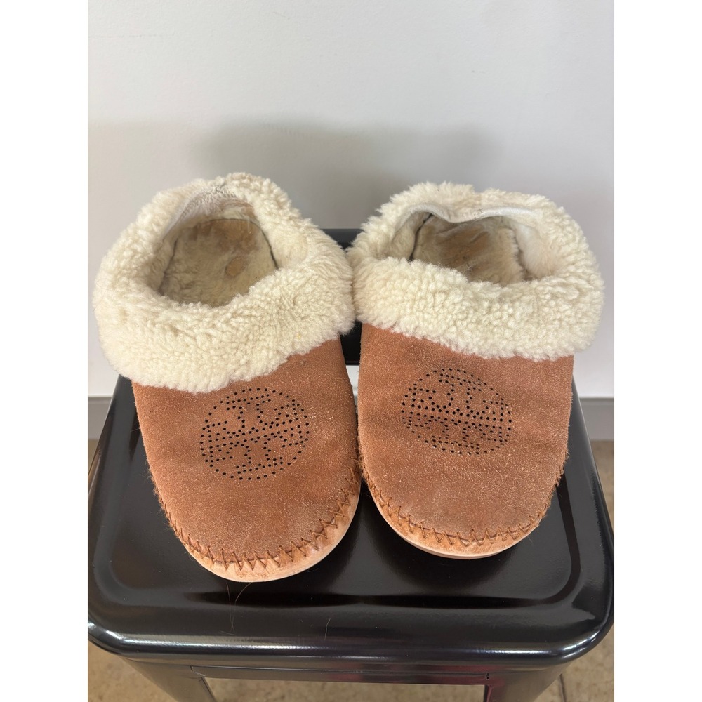 Tory Burch Tan Suede Shearling Lined Logo Moccasin Slippers Mules Womens 9.5in